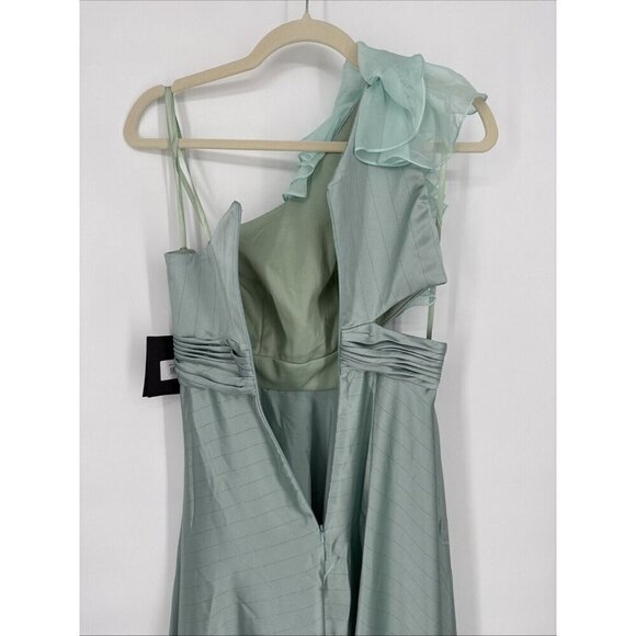Mac Duggal Size 0 Sage Green Asymmetric Ruffled Satin High-Low Prom Gown Dress - Picture 8 of 10